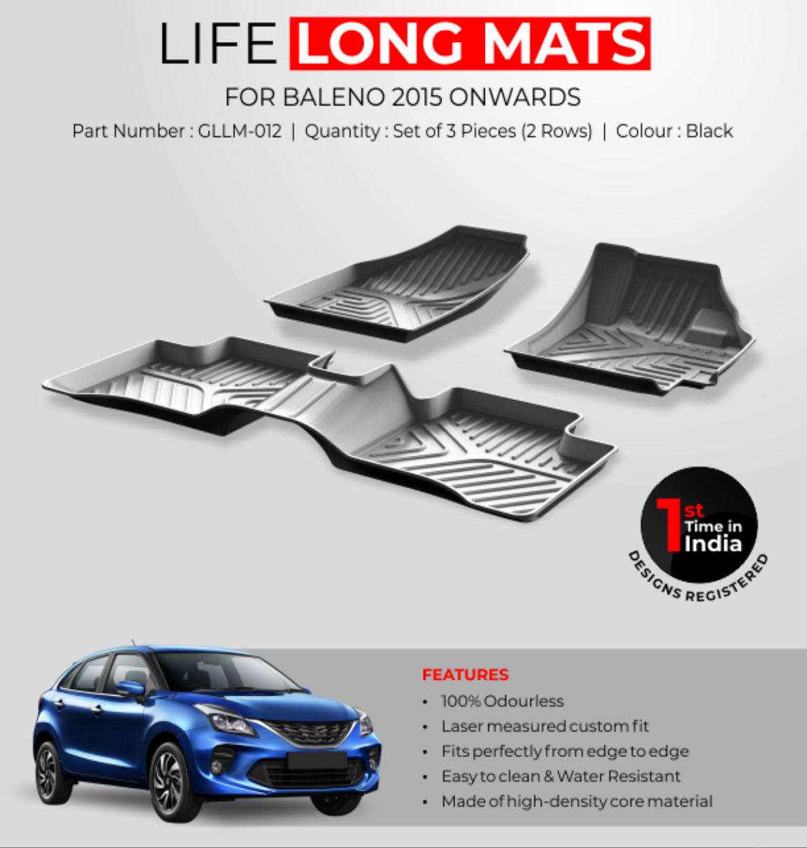 GFX Life Long Car Floor Mats for Maruti Suzuki Baleno (2015 Onwards)