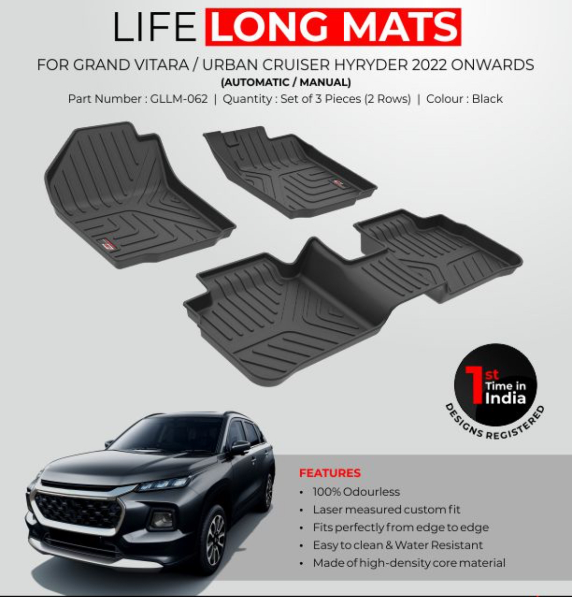 GFX Life Long Car Floor Mats for Maruti Suzuki Grand Vitara/ Toyota hyryder 2022 onwards(Automatic/Manual)