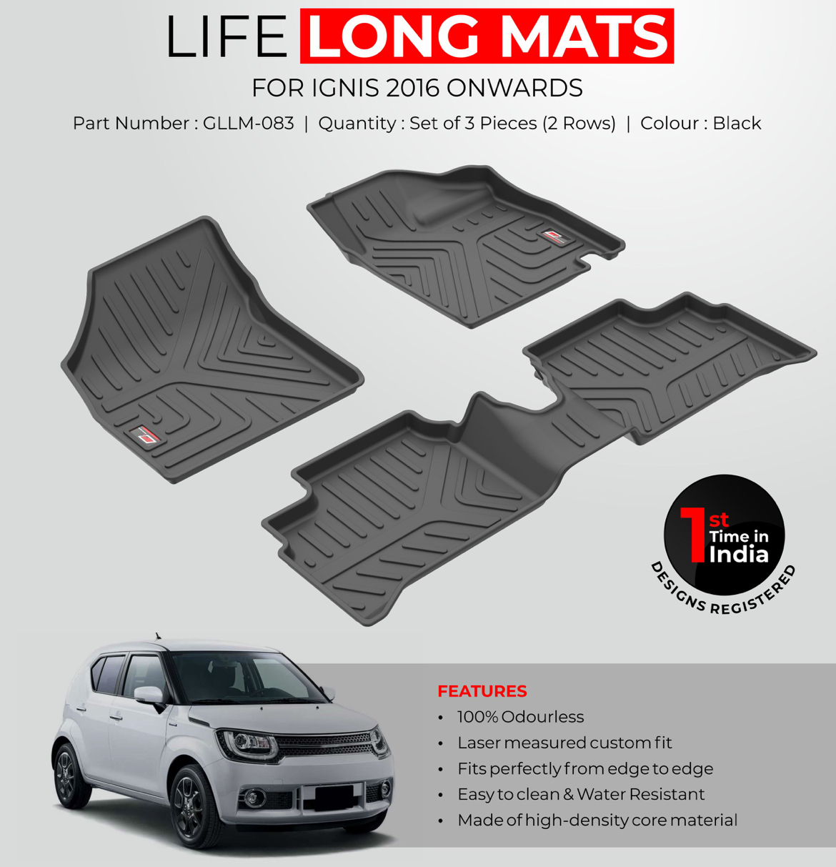 GFX Life Long Car Floor Mats for Maruti Suzuki Ignis (2016 Onwards)
