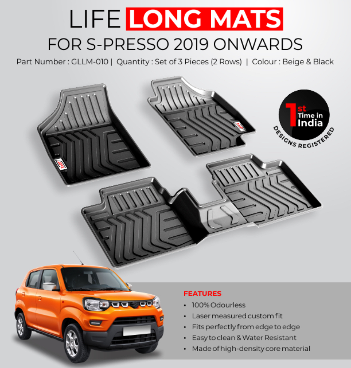 GFX Life Long Car Floor Mats for Maruti Suzuki S-Presso (2019 Onwards)