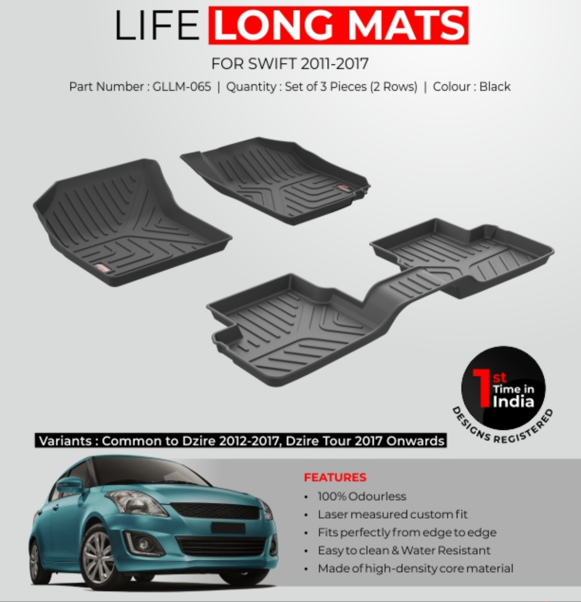 GFX Life Long Car Floor Mats for Maruti Suzuki Swift (2011–2017)