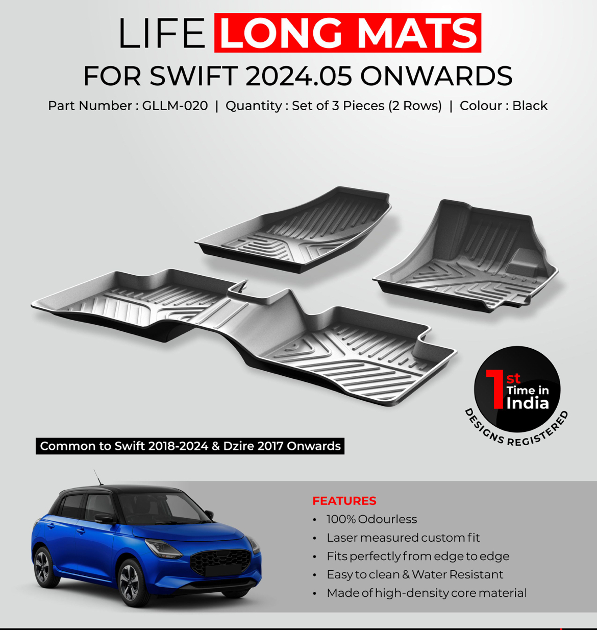 GFX Life Long Car Floor Mats for Maruti Suzuki Swift (May 2024 Onwards)