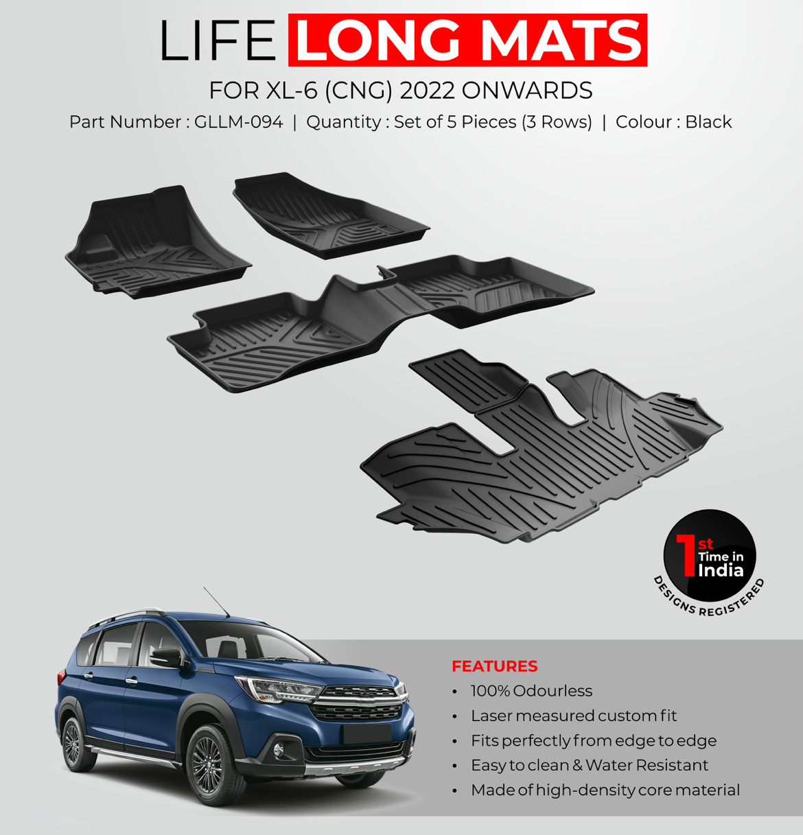 GFX Life Long Car Floor Mats for Maruti Suzuki XL6 CNG (2022 Onwards)